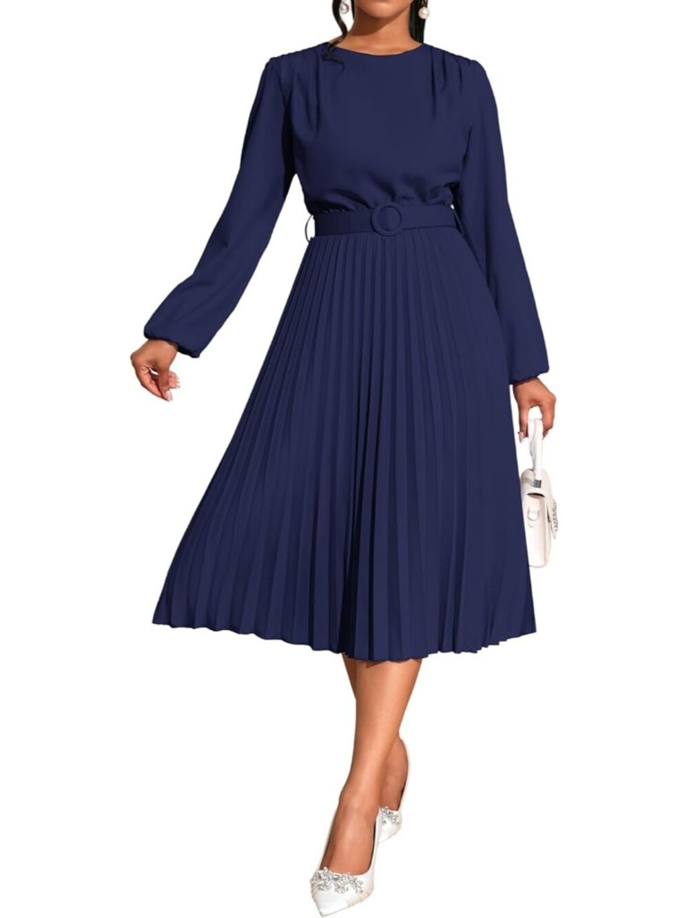 🆕Women's Navy Blue Pleated Midi Dress Long Sleeve Semi Formal Dress Casual - Picture 3 of 6
